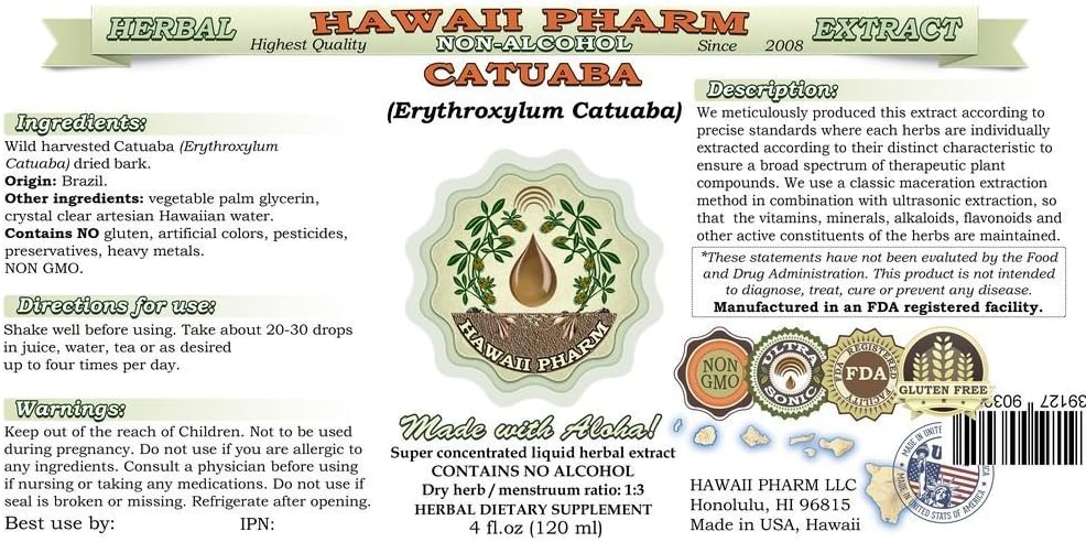 Catuaba Alcohol-Free Liquid Extract, Catuaba (Erythroxylum Catuaba) Dried Bark Glycerite Hawaii Pharm Natural Herbal Supplement 2 oz 3