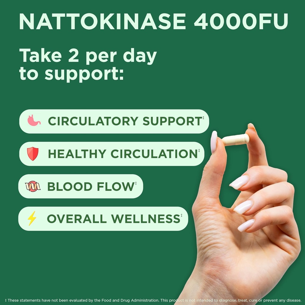 Yuve Nattokinase 4000 FU, Nattokinase Supplement for Cardiovascular Health Support - Natural Blood Thinner - Natokinase Enzyme from Natto Extract, Sugar-Free, Vitamin K Free - 60 Pills, Made in USA 3