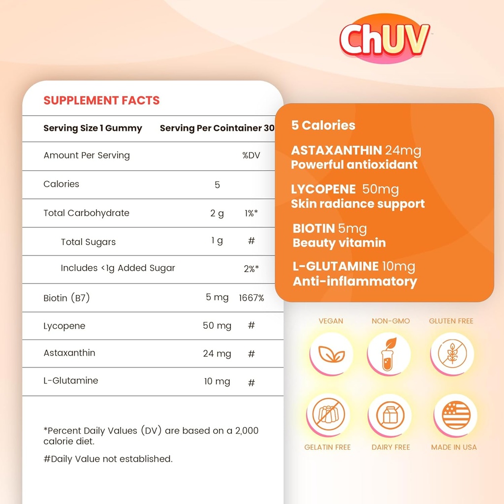 30 Gummies - Natural Astaxanthin Supplement for Supporting Tanning - Includes Lycopene, Biotin, and L-Glutamine - Non-GMO & Gluten-Free 5