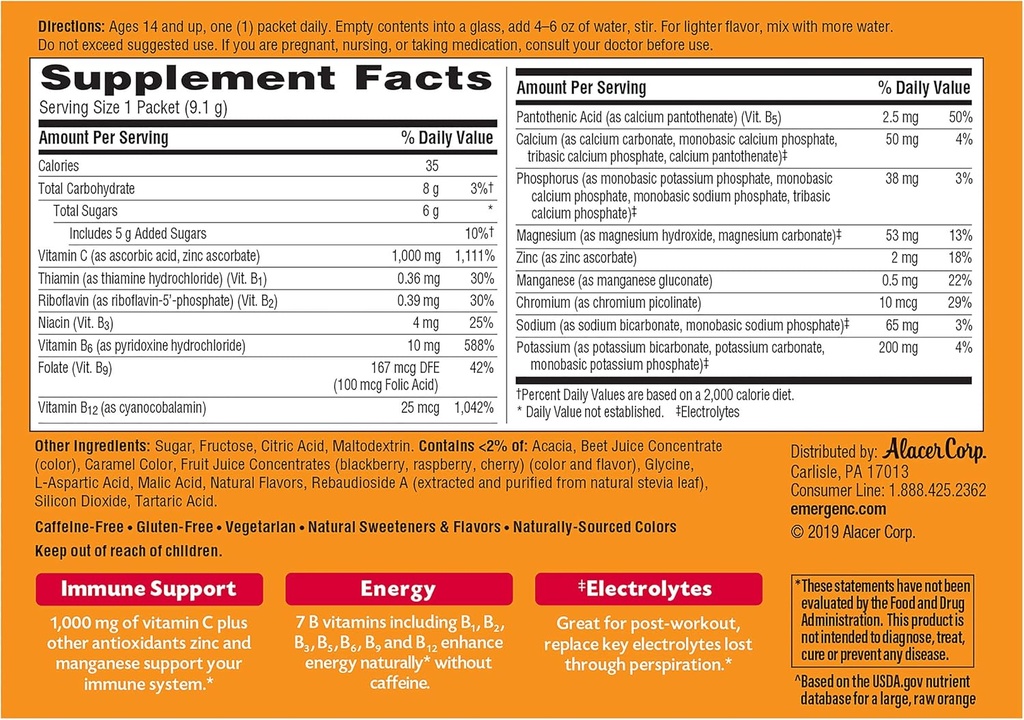 Emergen-C (30 Count, Raspberry Flavor, 1 Month Supply Dietary Supplement Fizzy Drink Mix with 1000mg Vitamin C, 0.32 Ounce Packets, Caffeine Free (Pack of 2) 4
