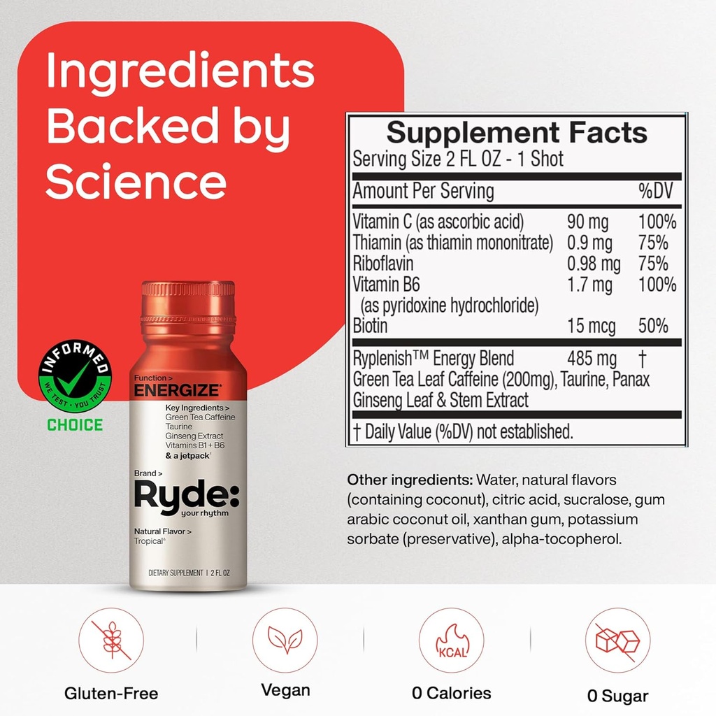 Ryde: Energize Shot | Tropical Flavor | Green Tea Caffeine, Taurine, Ginseng Extract & B Vitamins | 0 Calories, 0 Sugar | 2 FL OZ Shots | Boosts energy* (8 Pack) 3