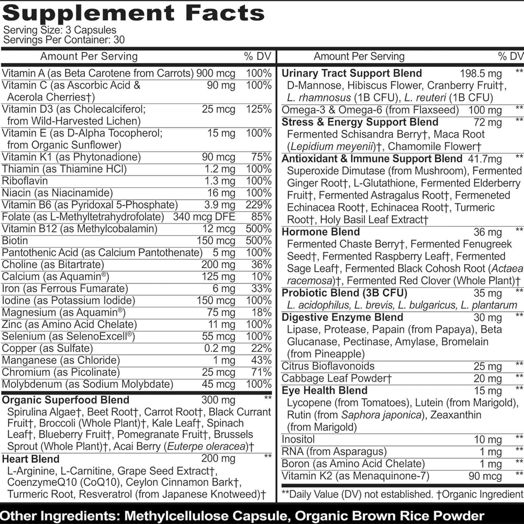Methylated Multivitamin for Women with Iron - Womens Multivitamin with 44 Organic Whole Food & Fermented Nutrients - Daily Vitamin for Women Complete Multisystem Support, 90 Vegan Caps, Non GMO 3