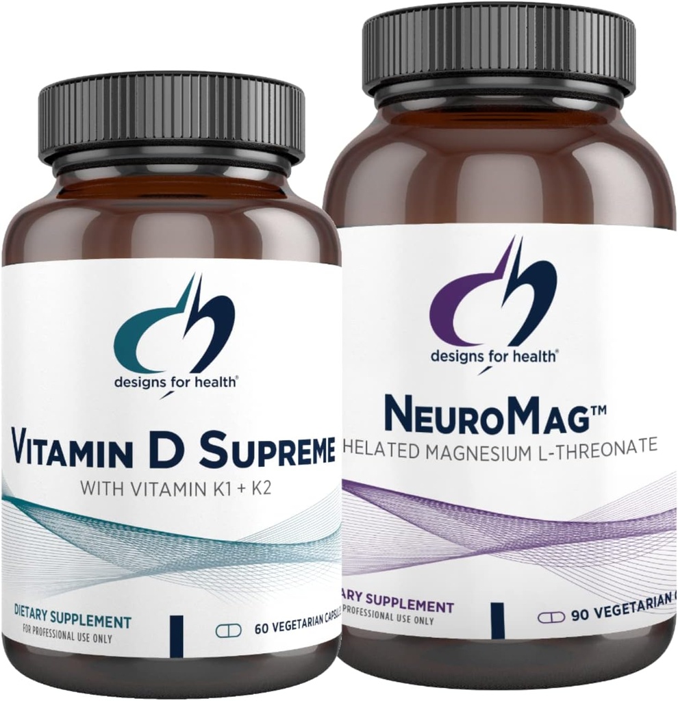 Designs for Health Vitamin D Supreme 5000 IU + Vitamin K (60 Capsules) + NeuroMag Chelated Magnesium L-Threonate for Cognitive Support (90 Capsules) - 2 Product Bundle 2