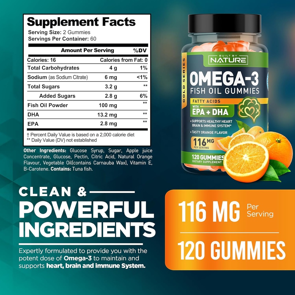 Omega 3 Fish Oil Gummies with EPA & DHA from Wild Fish - Triple Strength Omega 3 Fish Oil Gummy, Supports Healthy Heart, Brain & Immune System, Burpless & Natural - 60 Gummies, 30 Day Supply 3