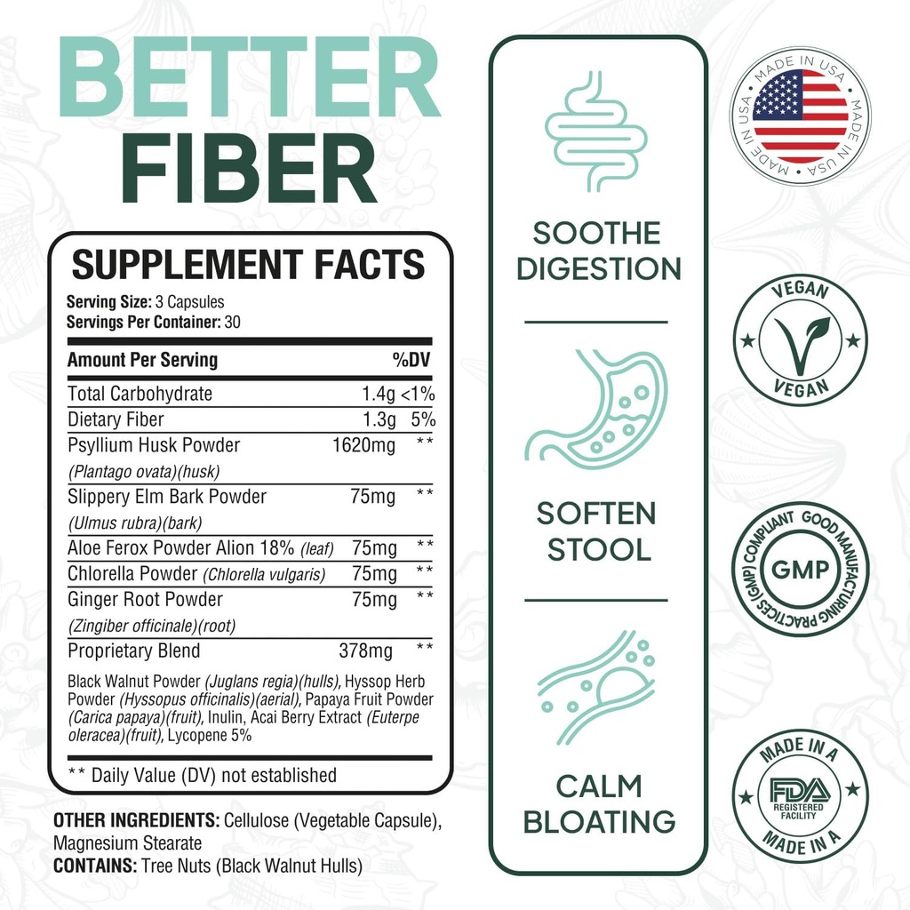 Organics Ocean Better Fiber - Daily Fiber Supplement - Soften Stool for Effortless Bowel Movements - with Psyllium Hulk and Slippery Elm - 6 Bottles 3