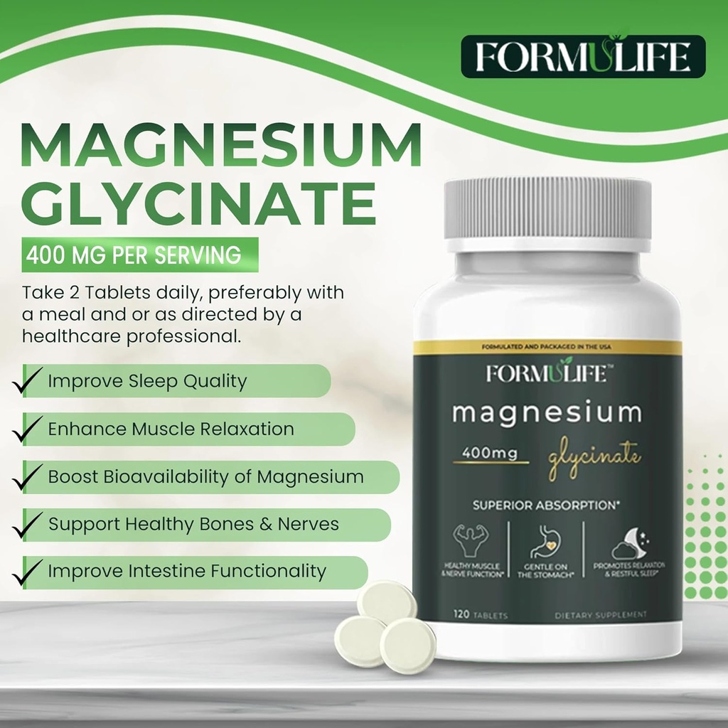 Magnesium Glycinate 400 mg - 120 Tablets - High Absorption, mag Supplement for Leg Cramps, Ease Muscles, Heart, Calm, Support Stress, Bone & Nerve Health, Magnesium Supplement, Made in USA, Vegan 5