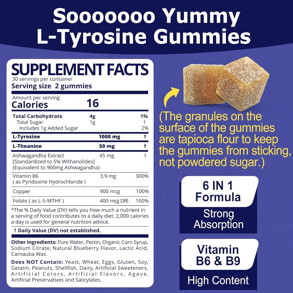 L Tyrosine Gummies 1100mg Mood Support Blend with Ashwagandha, L-Theanine, Vitamin B Complex B6, Folate B9, for Focus & Memory, Cognition & Brain Function, Energy Boost, Stress Support, Vegan 60Cts 3