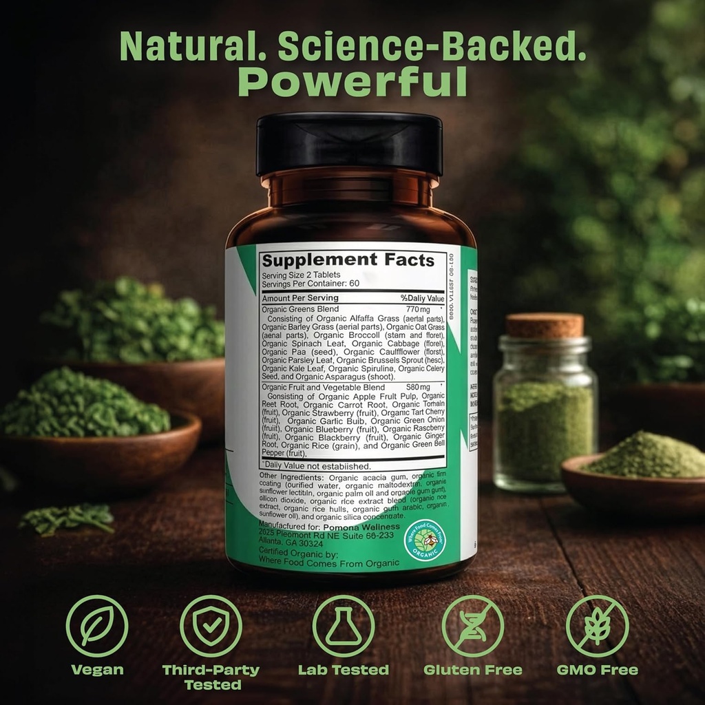 Pomona Wellness Super Greens Supplement, Full of Superfood Vitamins & Minerals, Fruits & Vegetable, Greens Powder for Bloating and Digestion, Gut Health, USDA Organic, Non-GMO, 60 Tablets 3