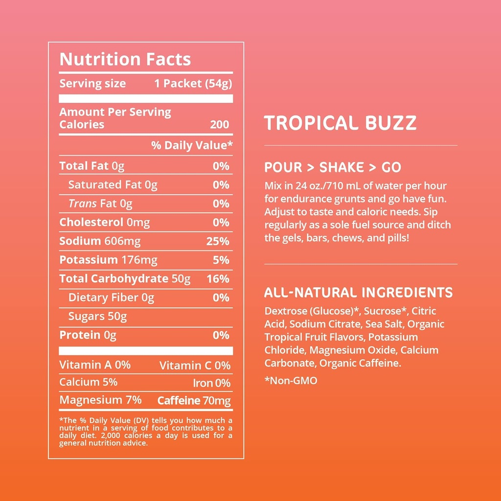 Tailwind Nutrition Endurance Fuel, Caffeine Drink Powder Mix Single Serving with Electrolytes, Non-GMO, Free of Soy, Dairy, and Gluten, Vegan-Friendly, Tropical Buzz, Pack of 12 6
