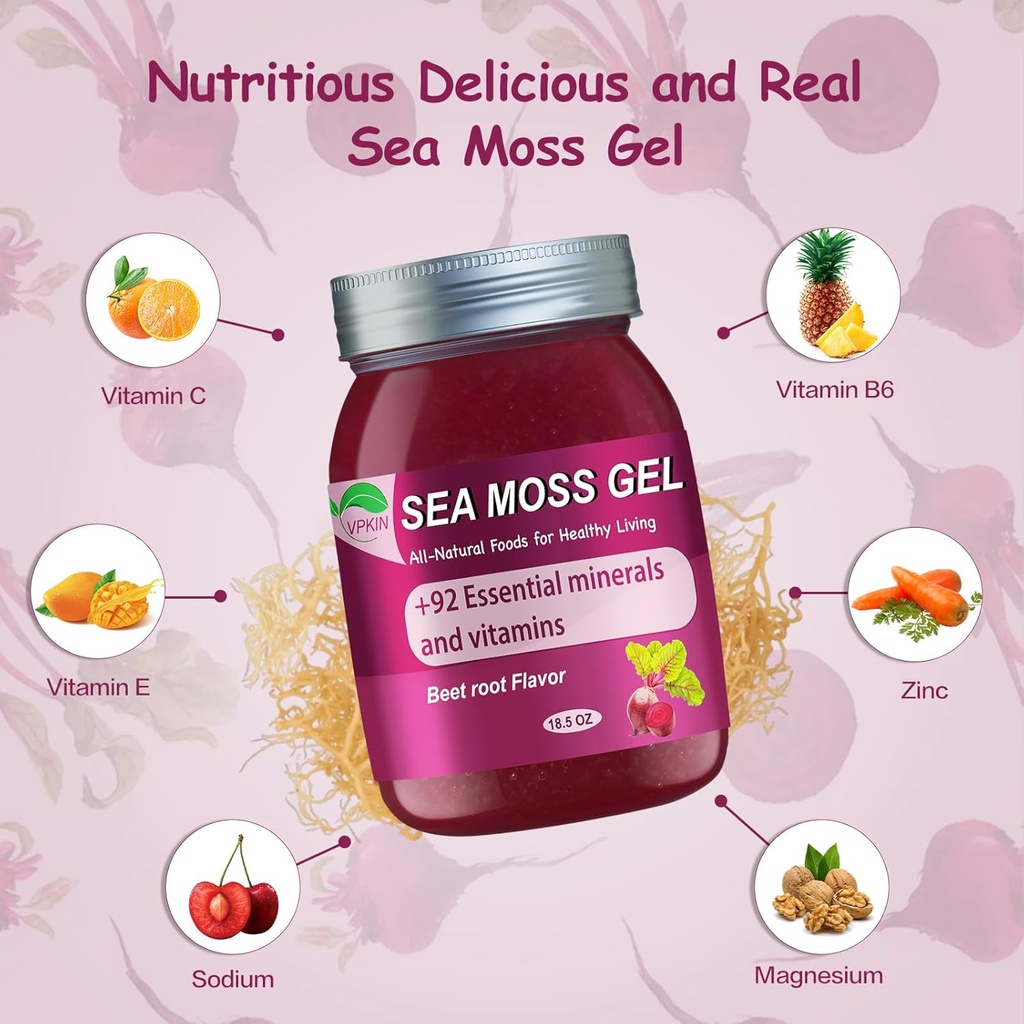 Sea Moss Gel Raw Organic,Real Sea Moss Gel with Irish SeaMoss,Wildcrafed Sea Moss Gel,Immune & Digestive Support,Vitamins & Minerals Supplement(Beet Root,18.5OZ) 4