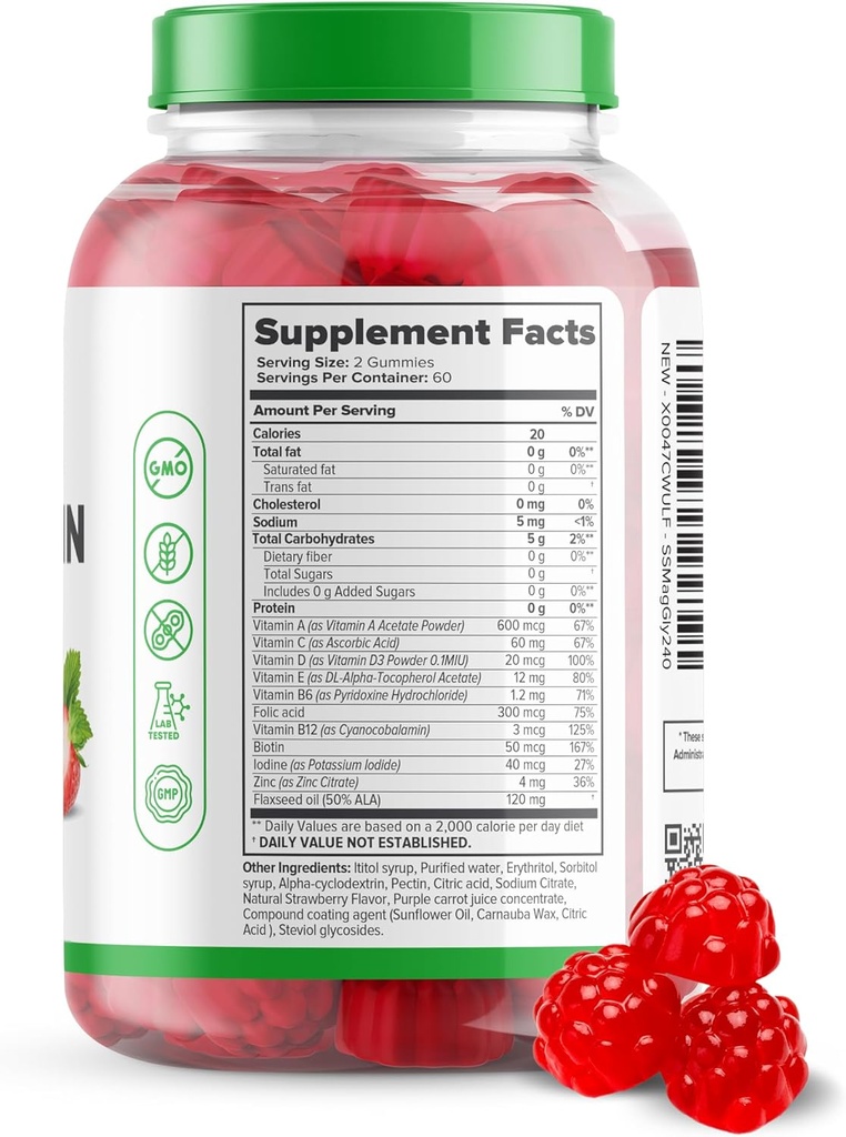 Sugar Free Multivitamin Gummies, 120 Gummies – Naturally Flavored and Sweetened Vitamin Gummy for Women and Kids – Strawberry Flavor 3