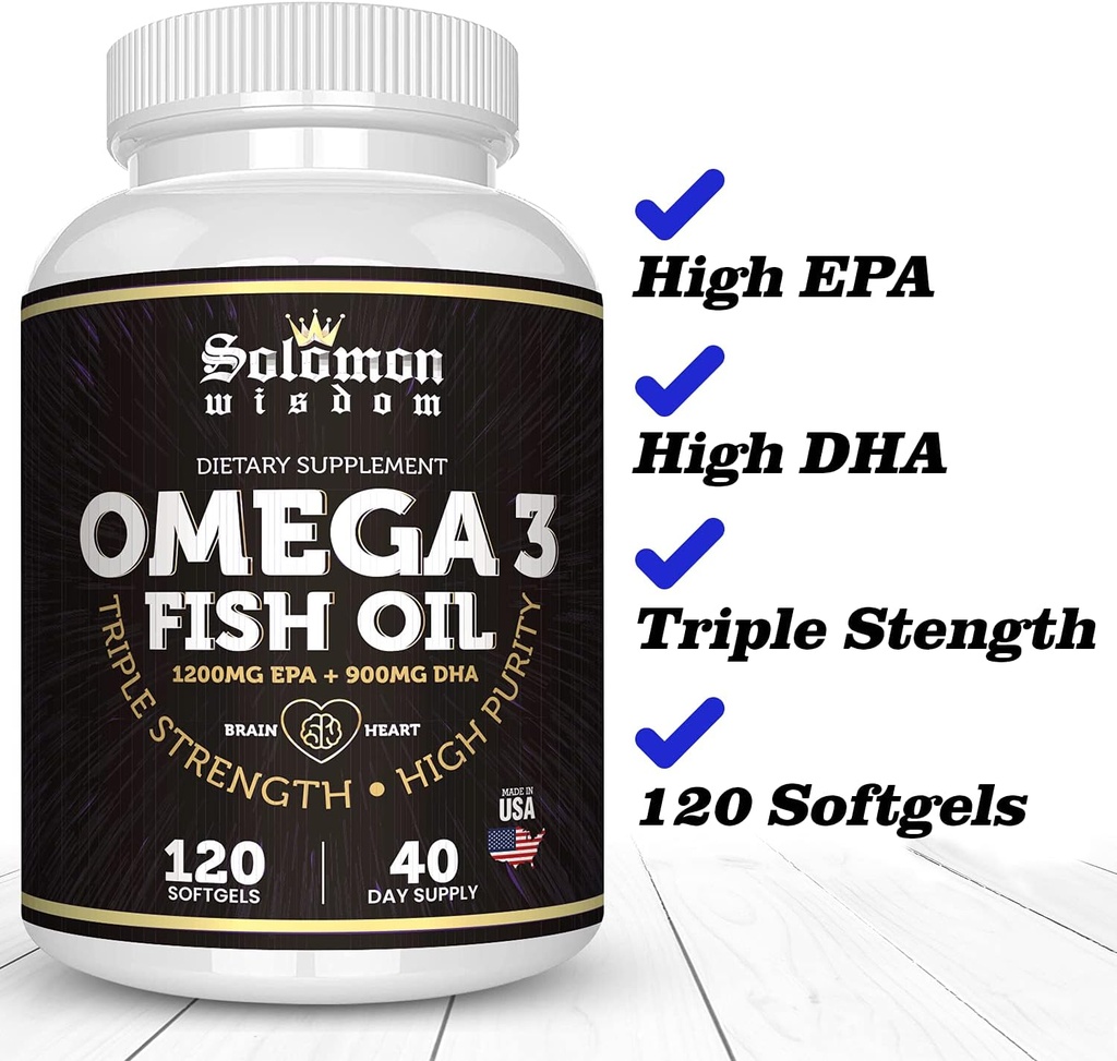 SOLOMON WISDOM Omega 3 Fish Oil - Dietary Supplement for Healthy Heart & Brain - 120 Soft Gel Capsules with High EPA 1200mg & DHA 900mg - Burpless, Odorless with Natural Lemon Flavor 3