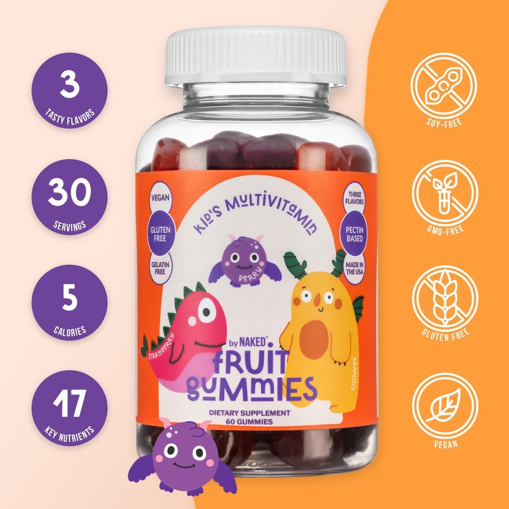 Naked Nutrition Kids Vitamin Gummies, Made in USA, GMO Free, Gluten-Free, Gelatin Free, Vegan, Kids Vitamins A, C, D, E, B6, B12, Zinc, 3 Fruit Flavors, 30 Day Supply 3