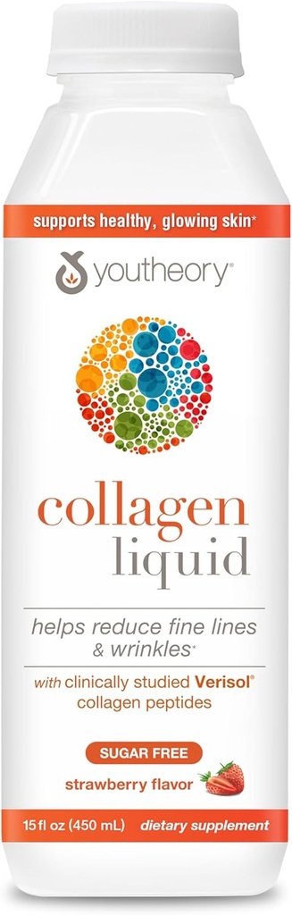 Youtheory Collagen Liquid - 2,500 mg Verisol Hydrolyzed Collagen - Supports Joints, Muscles, Bones, Hair, Skin & Nails* - 18 Amino Acids - Natural Strawberry Flavor - 15 fl oz 2