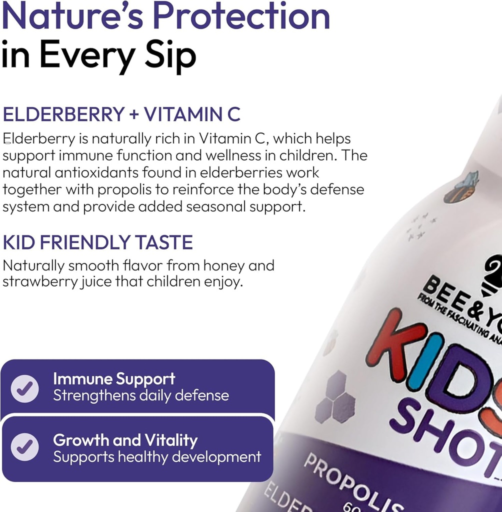 BEE and You Kids Immune Support Supplement, 100% Natural Propolis, Vitamin C, Elderberry, Raw Honey, Antioxidants, Alternative to Gummies, Great Taste, 12 Pack, 1.69 fl. oz Each 4
