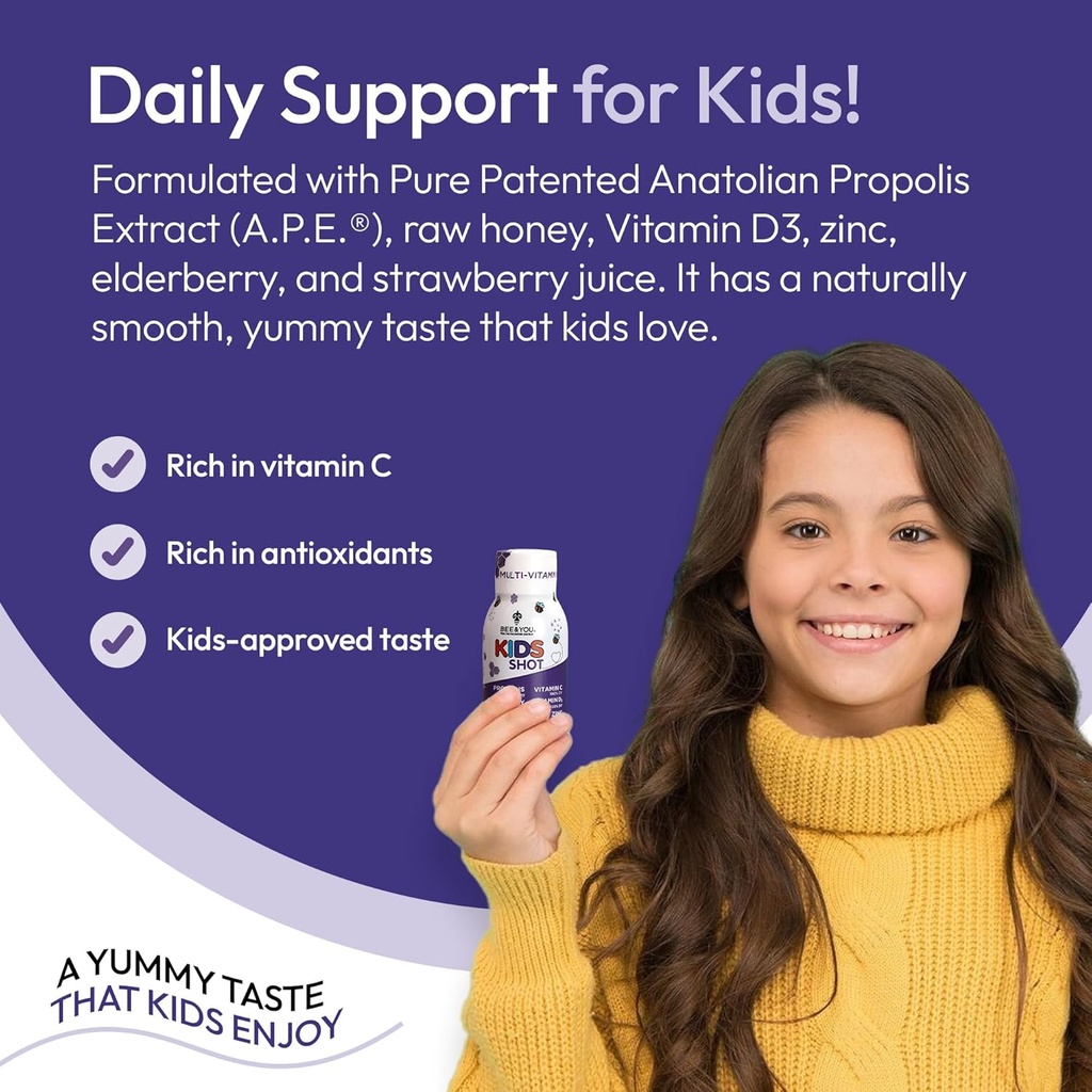 BEE and You Kids Immune Support Supplement, 100% Natural Propolis, Vitamin C, Elderberry, Raw Honey, Antioxidants, Alternative to Gummies, Great Taste, 12 Pack, 1.69 fl. oz Each 5