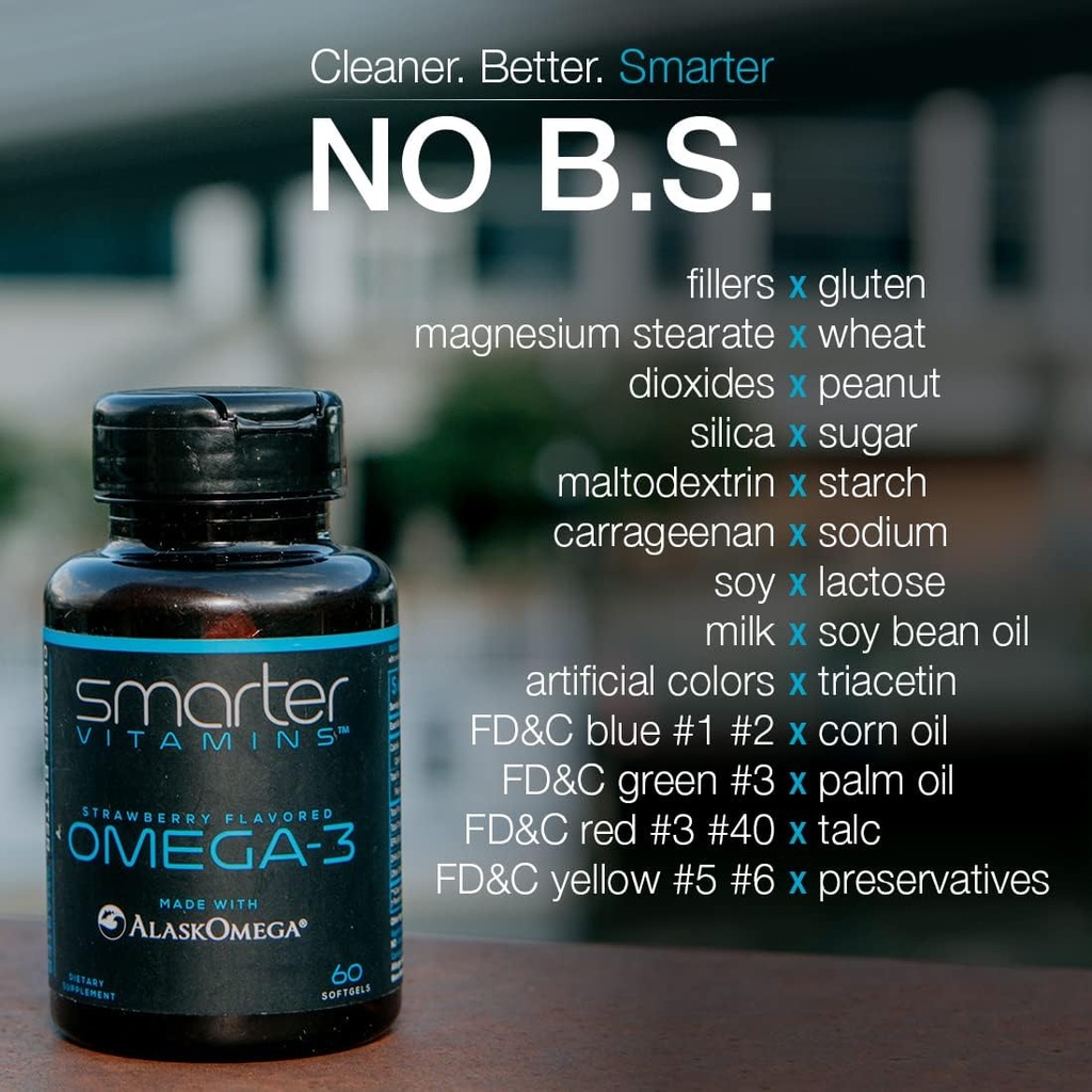(5 Pack) Smarter Omega 3 Fish Oil, Berry Flavor, Burpless, Tasteless, 2000mg, Potent Triple Strength DHA EPA Brain Omega-3, Made with AlaskOmega® 5