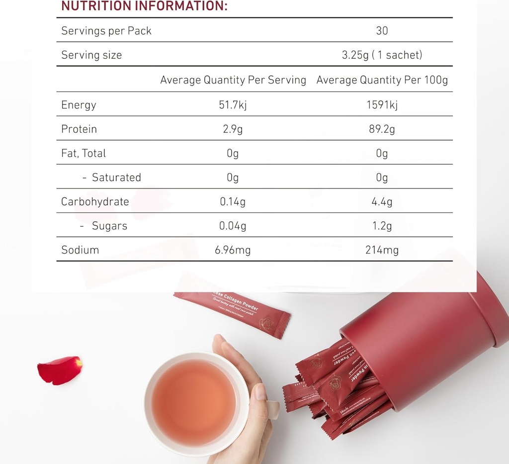 Unichi Rose Collagen Peptides Powder, Hydrolysed Marine Collagen Type I, III with Vitamins A, C, E in Rose Petal Powder for Hair, Nails and Skin Health, 0 Sugar, 0 Fat, Rose Petal Flavour, 30 Servings 6