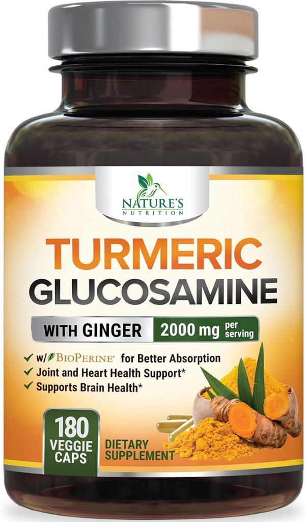 Turmeric Curcumin Supplement 2000mg - 95% Curcuminoids with Glucosamine, Ginger & MSM, BioPerine Black Pepper for Best Absorption, Nature's Vegan Joint Support, Non-GMO, Bottled in USA - 180 Capsules 2