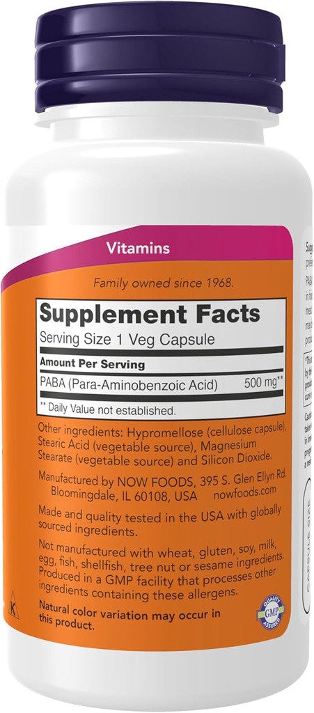 NOW Supplements, PABA (para-Aminobenzoic Acid) 500 mg, B-Complex Family, 100 Capsules (Pack of 2) 3