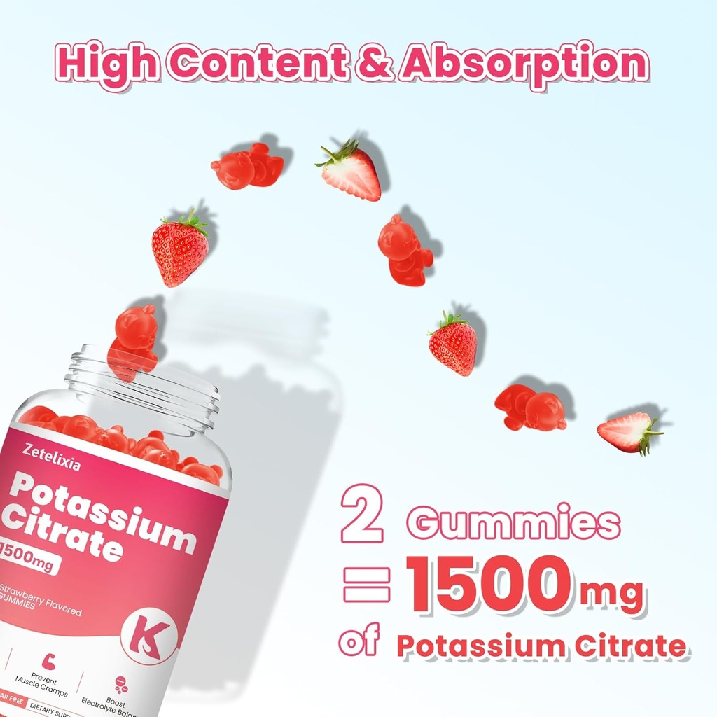 Potassium Gummies for Adults Women & Men, Potassium Citrate Supplement, Support Leg Cramps, Muscle Health & Electrolyte Balance, Sugar Free, Organic, Vegan, Strawberry, 60 Cts 4