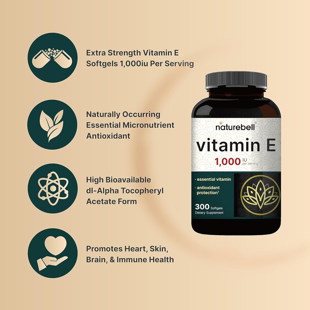 NatureBell Vitamin E Oil Softgels, 1,000iu Per Serving & Citrus Bergamot Veggie Capsules 5,000 mg Equivalent Bundle Pack | Easily Absorbed Form | High Antioxidant Level 5