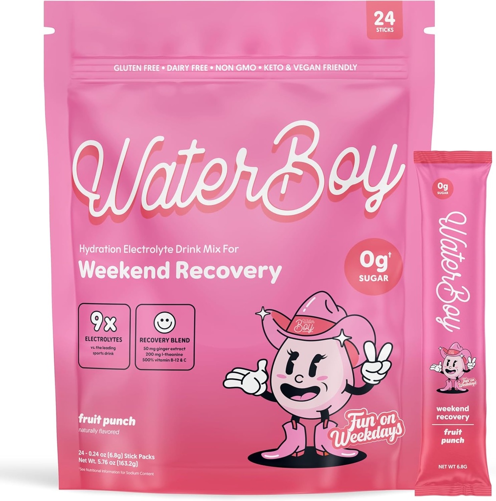 Waterboy Weekend Recovery x FOW | 3,200mg Electrolyte Powder Packets | Ginger + L-Theanine + Vitamins | No Sugar, All Natural, Gluten Free | 24 Drink Stick Mixes (Fruit Punch) 2