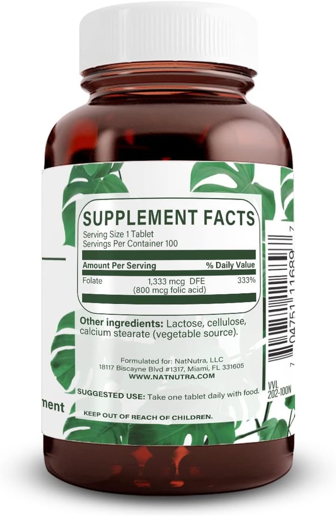 Natural Nutra Folic Acid Folate Vitamin B9 Supplement, Prenatal Vitamin for Heart and Cardiovascular Health, Red Blood Cell Formation, Vegetarian and Gluten Free Supplements, 800 mcg, 100 Tablets 3