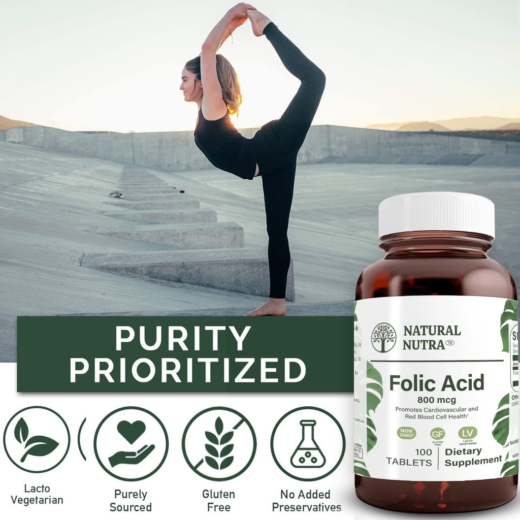 Natural Nutra Folic Acid Folate Vitamin B9 Supplement, Prenatal Vitamin for Heart and Cardiovascular Health, Red Blood Cell Formation, Vegetarian and Gluten Free Supplements, 800 mcg, 100 Tablets 5