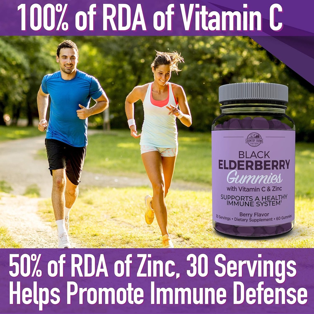 Country Farms Elderberry Gummies with Vitamin C and Zinc, Supports Healthy Immune System, Rich in Antioxidants, Triple Action Immune Blend, Berry Flavor, 60 Gummies, 30 Servings 6