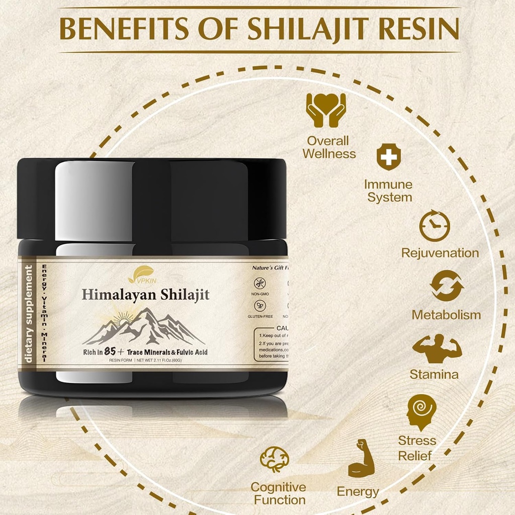 Shilajit Resin Pure Himalayan Natural Organic Shilajit Supplement with Fluvic Acid and 85＋ Trace Minerals for Energy,Immune & Metabolism Support,60 Grams 4