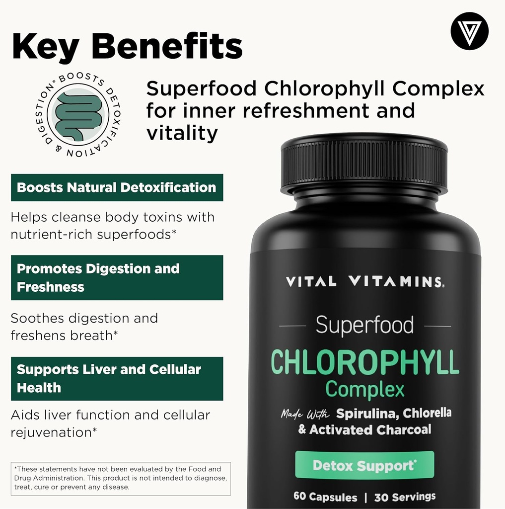 Vital Vitamins Chlorophyll Pills - Body Deodorizing Supplement - Made with Spirulina, Chlorella, Organic Parsley, Mint, & Activated Charcoal - Defeat Odor Naturally - for Women & Men - 60 Capsules 5