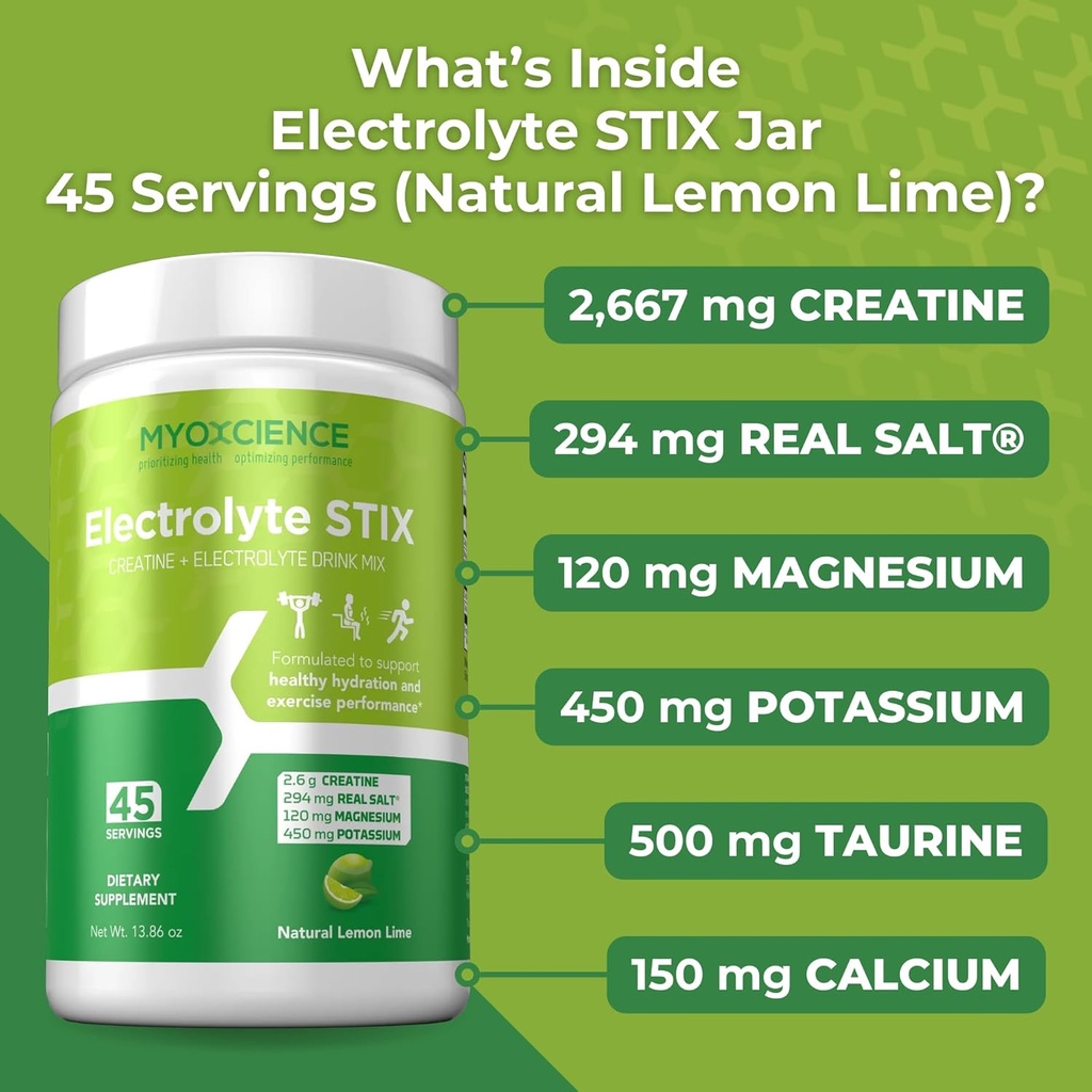 MYOXCIENCE Electrolyte STIX | Creatine Electrolyte Powder | Recovery from Exercise & Muscle Development w/Real Salt (Lemon Lime Flavor) (Jar 45 ct) 5