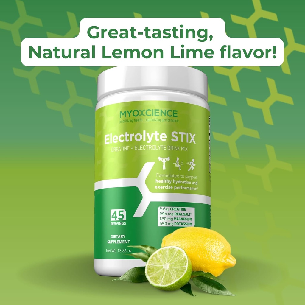MYOXCIENCE Electrolyte STIX | Creatine Electrolyte Powder | Recovery from Exercise & Muscle Development w/Real Salt (Lemon Lime Flavor) (Jar 45 ct) 6
