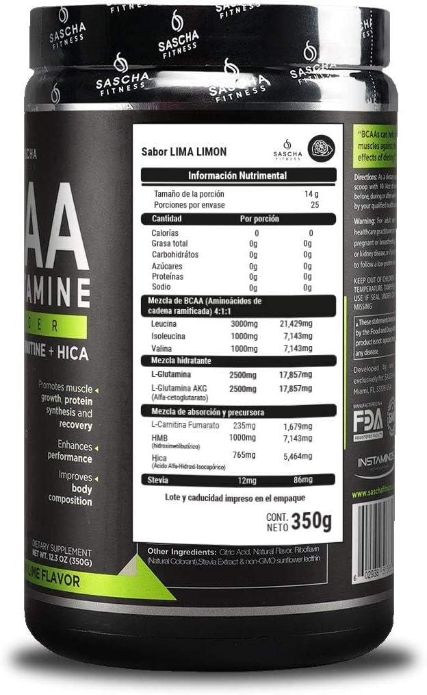 SASCHA FITNESS BCAA 4:1:1 + Glutamine,HMB,L-Carnitine,HICA | Powerful and Instant Powder Blend with Branched Chain Amino Acids (BCAAs) for Pre, Intra and Post-Workout |Natural Lemon Lime Flavor,362.5g 3