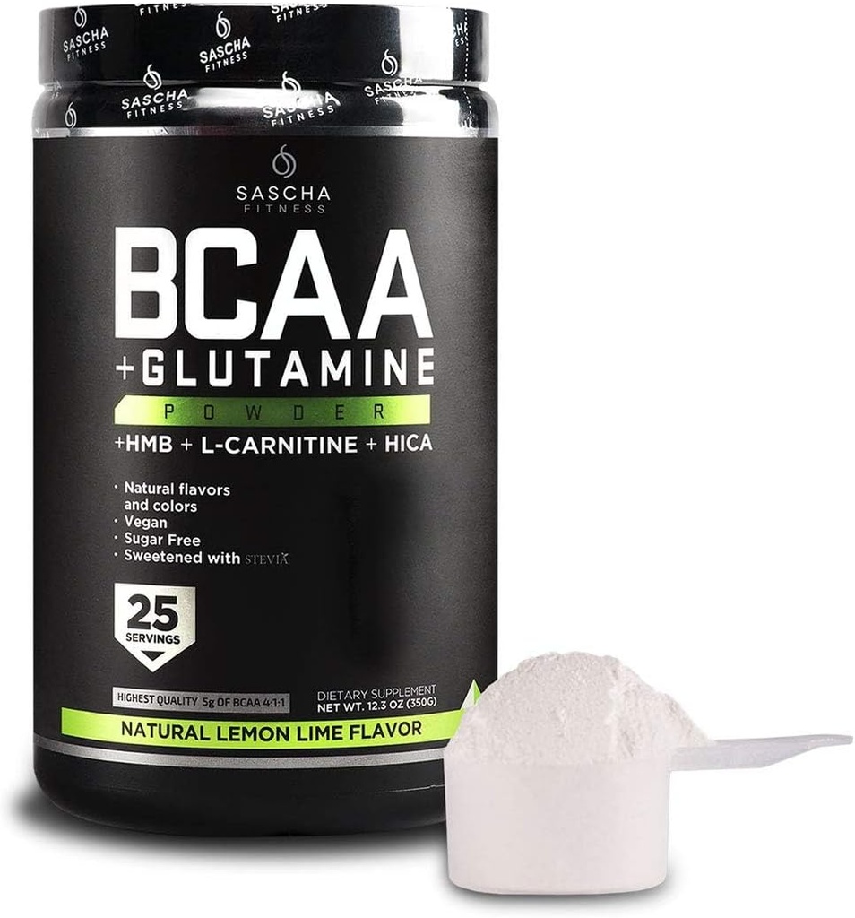 SASCHA FITNESS BCAA 4:1:1 + Glutamine,HMB,L-Carnitine,HICA | Powerful and Instant Powder Blend with Branched Chain Amino Acids (BCAAs) for Pre, Intra and Post-Workout |Natural Lemon Lime Flavor,362.5g 5