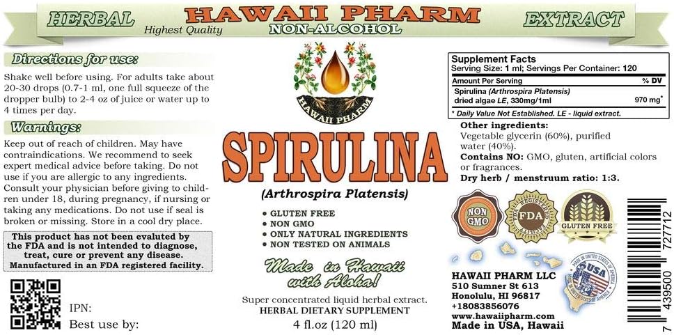 Spirulina Alcohol-Free Liquid Extract, Organic Spirulina (Arthrospira platensis) Dried Algae Glycerite Natural Herbal Supplement, Hawaii Pharm, USA 4x4 fl.oz 3