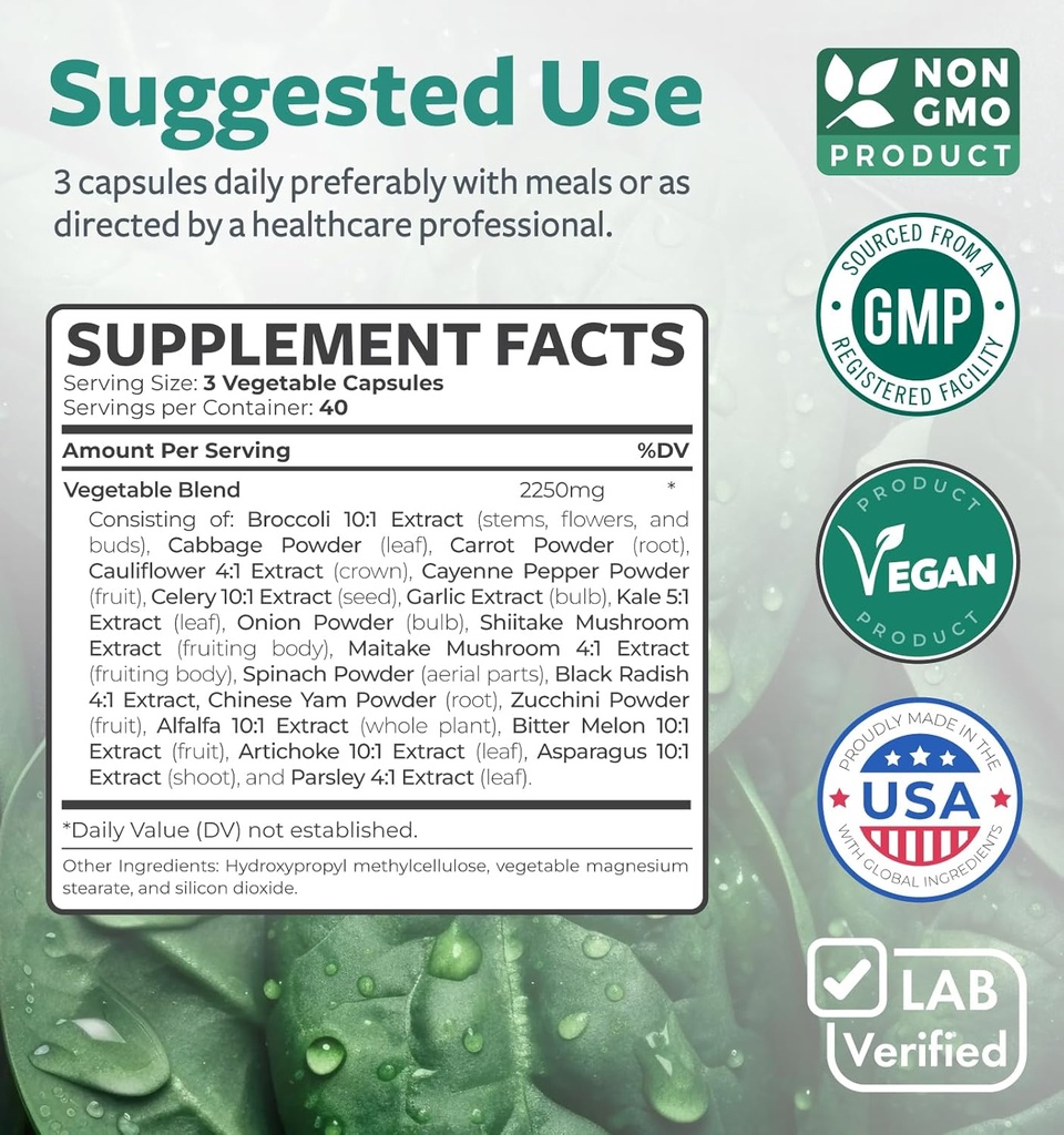 Super Greens Antioxidants Superfoods 2250mg Supplement - 20 Ingredients with Sprouts, Mushrooms, Roots, Garlic, Bitter Melon, Artichoke, Celery Seed, Cayenne pepper, Alfalfa NON GMO - 60 Capsules 6