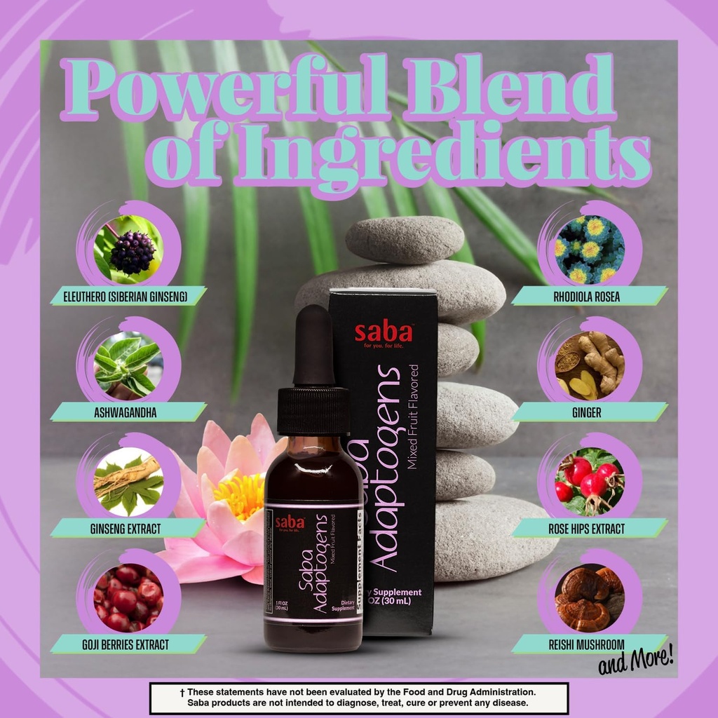 Saba Adaptogens - Super Concentrated - Eleuthero, Ginger, Rhodiola, Ginseng, Mushroom, Ginko, Acai - Supports Immune Response, Mood, Mental Performance & Fatigue -30 Servings 5