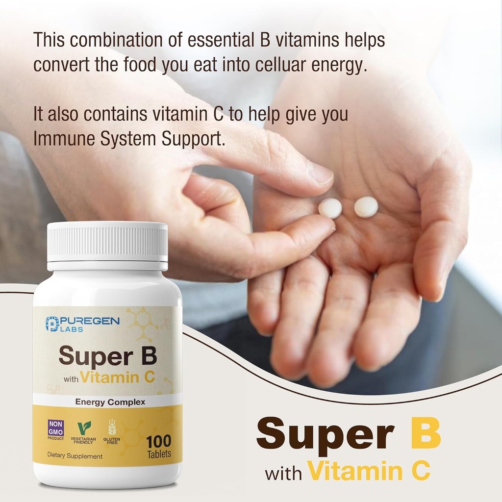 Puregen Labs Super B Energy Complex with Vitamin C - Immune Health, Energy & Nervous System Support - Non-GMO, Gluten-Free | 3 Pack – Total 300 Tablets 5