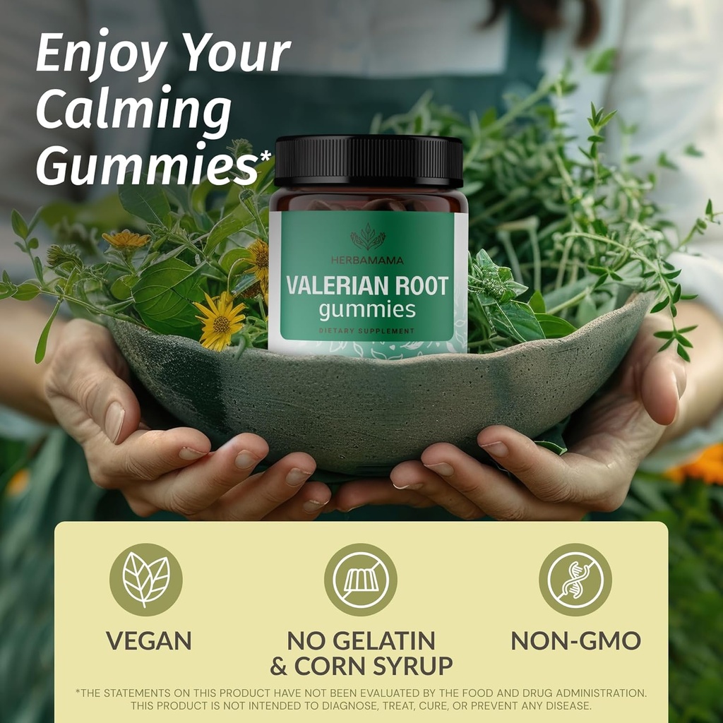 HERBAMAMA Valerian Root Gummies - 1800 mg Valerian Herbs for Relaxation & Calm Support - Vegan, Non-GMO Calming Gummies for Adults - 90 Pectin-Based Apple-Flavored Chews 3