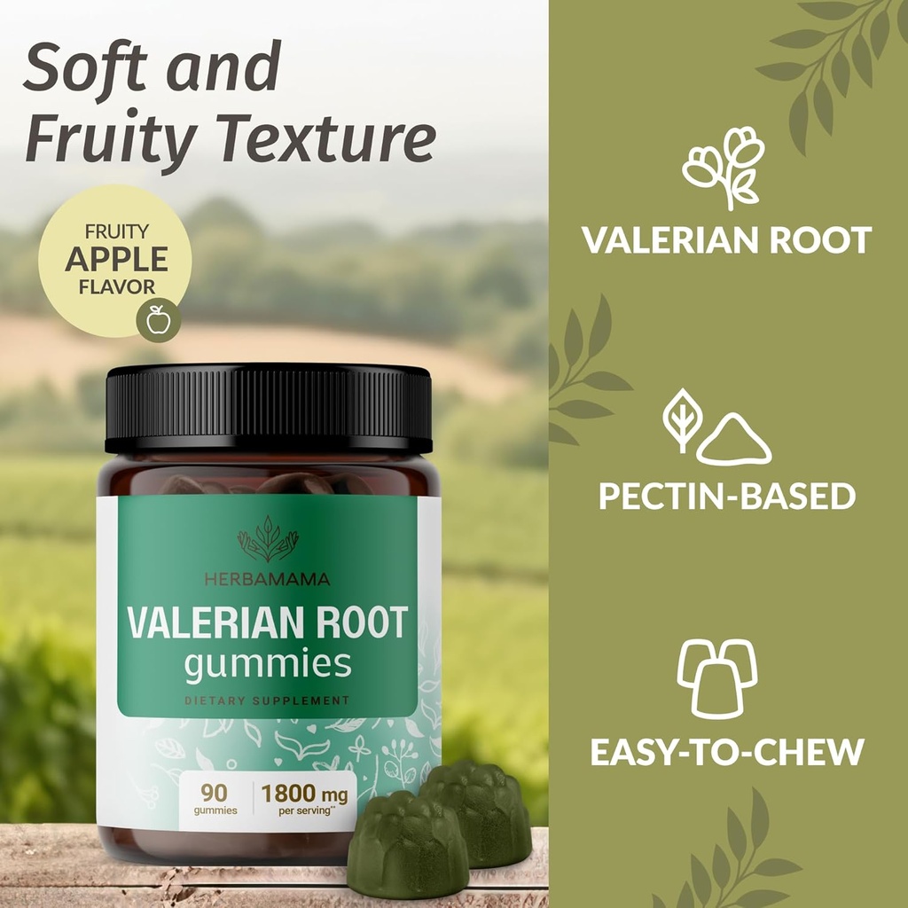 HERBAMAMA Valerian Root Gummies - 1800 mg Valerian Herbs for Relaxation & Calm Support - Vegan, Non-GMO Calming Gummies for Adults - 90 Pectin-Based Apple-Flavored Chews 5