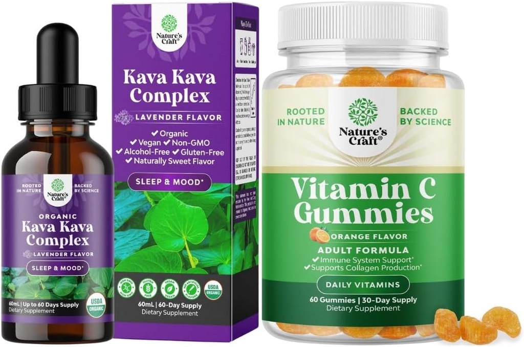 Bundle of Potent Liquid Kava Kava Drops Supplement with Kavalactones for Balanced Mood and Chewable Vitamin C Gummies for Adults - Ascorbic Acid Natural Immune Booster and Natural Cold Remedy 2