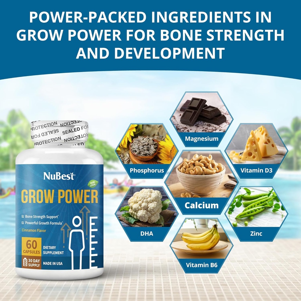 NuBest Grow Power - Calcium Supplement - Magnesium Supplement with Vitamin D3, B6, Zinc, Phosphorus and Multivitamin for Strong Bones, Overall Health for Age 10+ | Pack 2 3