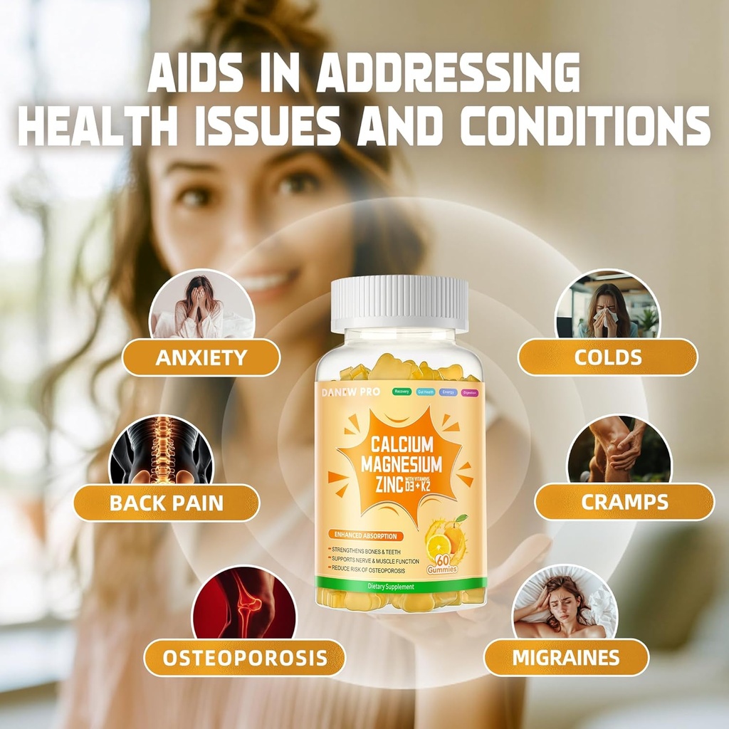 Calcium Magnesium Zinc Gummies with Vitamin D3 & K2 - High Potency Enhanced Absorption -60 Orange Gummies 4