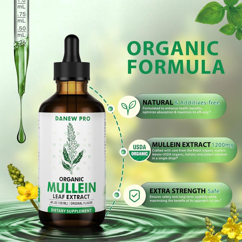 Mullein Drops for Lungs - Mullein Leaf Extract - Support Lung Cleanse & Respiratory Function for Healthy Breathing - Natural Supplement, Tincture Drops | Non-GMO, Vegetarian | 4 oz 120ml 3