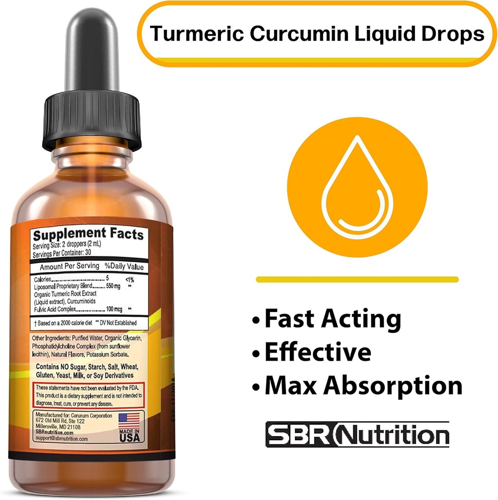 Max Absorption Liquid Turmeric Curcumin Drops | for Joint, Back, Ache, Digestion Support | Liposomal Organic Turmeric Root Extract with Fulvic Acid | Vegan, Non-GMO, Made in USA 3