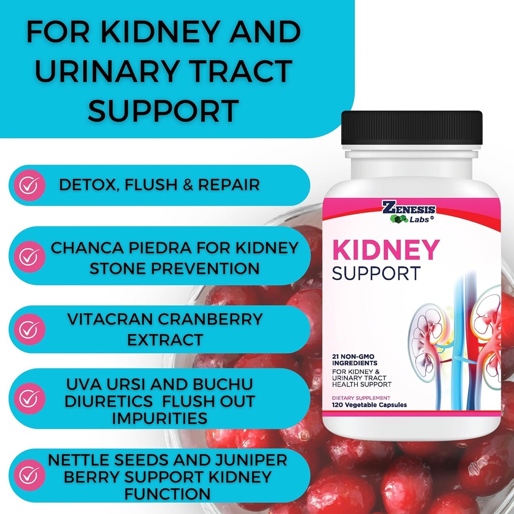 Zenesis Labs Kidney Cleanse Detox Flush & Repair Urinary Tract Support - Gluten Free - Natural Cranberry Extract Herbal Supplement Blend (120 Capsules/Bottle) 60 Day Supply 4