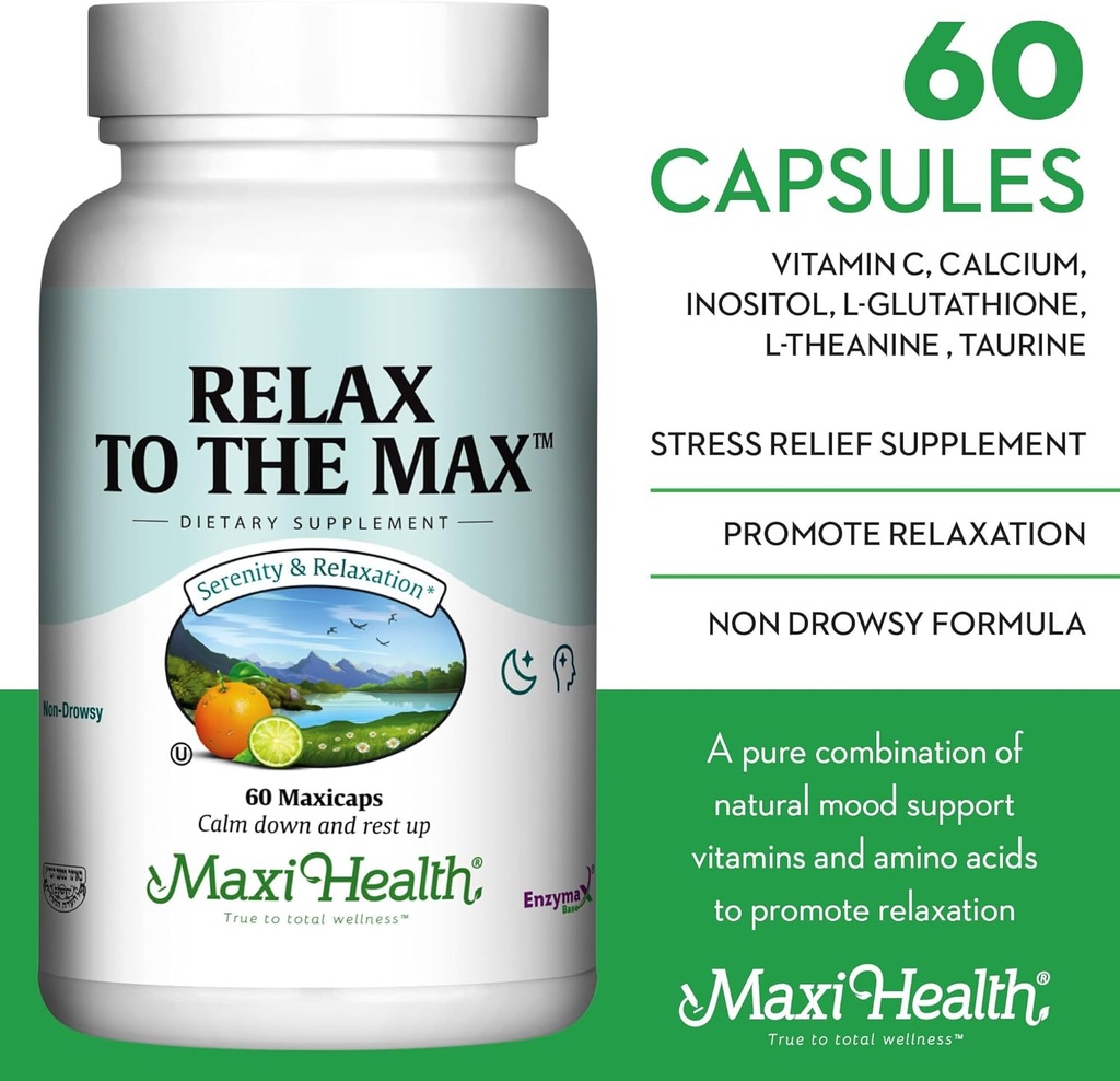Maxi Health - Relax to The Max Stress Relief Formula (60 Count) Capsules with Vitamin C, Calcium, L-Theanine, L-Taurine & Amino Acids - All Natural Calming & Relaxation Supplements 4