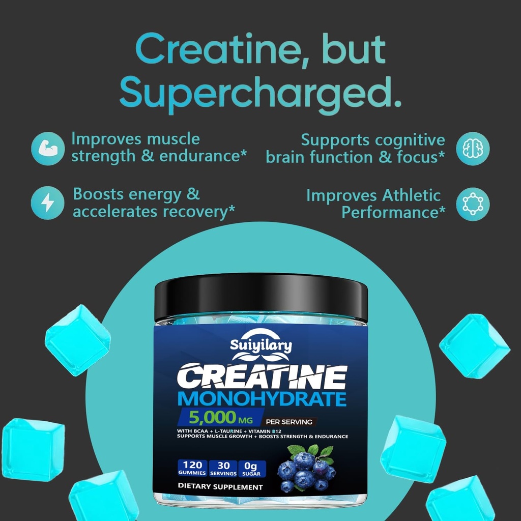 Sugar Free Creatine Monohydrate Gummies Complex 5000mg for Men & Women - 120 Gummies for Muscle Strength, Muscle Builder, Energy Boost, Pre-Workout Supplement, Vegan 3